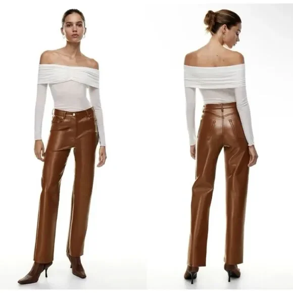 Aritzia Wilfred Faux Leather Melina Pants Vegan Cognac Brown Straight Leg Size 0 - Picture 1 of 6
